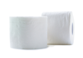 two rolls of white tissue paper or napkin for use in toilet or restroom isolated with clipping path and shadow in png file format.