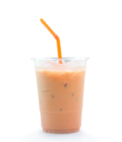 Orange Thai iced condensed milk tea in transparent plastic glass with straw is isolated with clipping path and shadow in png file format