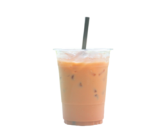 Orange Thai iced condensed milk tea in transparent plastic glass with straw is isolated with clipping path in png file format