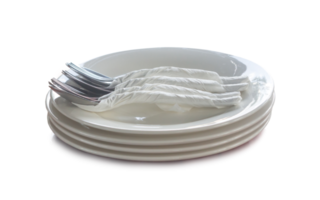 Tableware, white plates with spoons and forks nicely prepared at hotel or restaurant are isolated with clipping path and shadow in png format