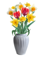 flowers of daffodils and tulips in a ceramic vase illustration png