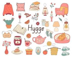 Set of hygge icons. Warm and cozy things. Hand drawn illustration in doodle style. vector