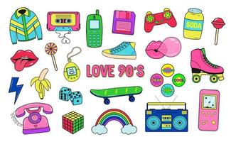 Retro 80s 90s clipart set. Neon colors y2k fashion patch, badge, emblem, stickers. vector
