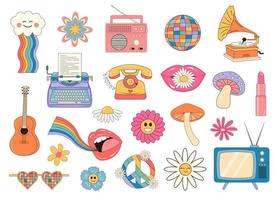 Retro 60s, 70s hippie psychedelic groovy set. 70s Nostalgic and floral stickers, badges. vector