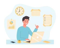 Young male character sitting at the desk and using laptop. Office worker showing thumbs up. Infographics icons on the background. Concept of time or project management. vector