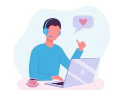 Man sitting at table with a laptop, with headphones and a microphone, showing the gesture of the thumb up. Support, call center, hot line, help, consultation, online communication. vector