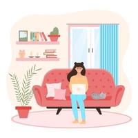 mujer con ordenador portátil sentado en el sofá en el vivo habitación. acogedor hogar interior. Lanza libre, laboral, estudiando, educación, trabajo desde hogar, relajarse concepto. vector