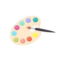 Artist's palette with paints of different colors and paint brush. Top view of painter's tool isolated on white background. vector