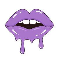Melting glossy half-opened lips. Mouth with teeth and dripping paint in pop art style. vector