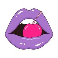 Glossy half-opened mouth with cherry in pop art style. Female lips. vector