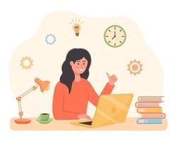 Woman sitting at the desk, using laptop and showing thumbs up. Office worker, student or freelancer, remote working, solution, business idea concept. vector