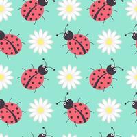 Seamless pattern with ladybugs and chamomiles on pastel green background. vector