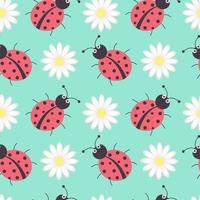 Seamless pattern with ladybugs and chamomiles on pastel green background. vector