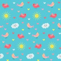 Seamless pattern with cute birds, kawaii sun, cloud and hearts. Creative scandinavian childish background for fabric, wrapping, textile, wallpaper, apparel. vector