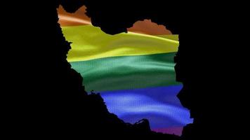 Iran country shape territory outline with LGBT rainbow flag background waving animation. Concept of the situation with gay marriage and tolerance for LGBT or LGBTQ plus. 4K alpha channel video