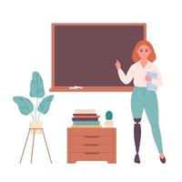 Female teacher at classroom near blackboard. Education, lecture and lesson at school. vector