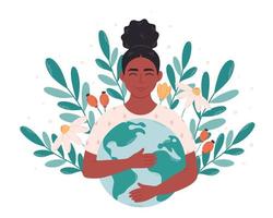 Black woman hugging Earth globe. Earth Day, saving planet, nature protect, ecological awareness. vector