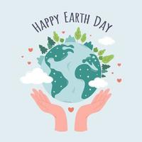 Happy Earth Day. Planet Earth with trees, fir trees, bushes, clouds. Caring for nature and environment. Ecological awareness. Save our planet vector