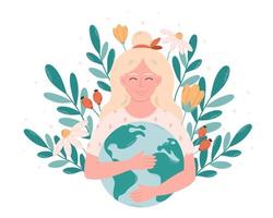 mujer abrazando tierra globo. tierra día, ahorro planeta, naturaleza proteger, ecológico conciencia. contento tierra día. vector