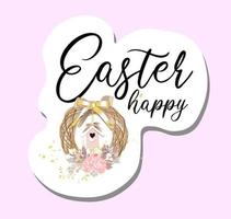 happy easter sticker. easter wreath. birdhouse for spring birds. vector