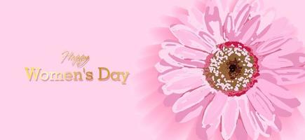 Womens day text design with flowers and pink background. Vector illustration. Womens day greeting design. Template for poster, card, banner.