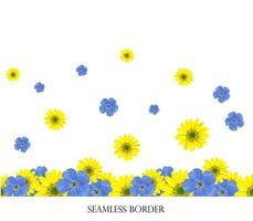 Seamless floral border with bright spring flowers. Vector horizontal drawing on a white background.