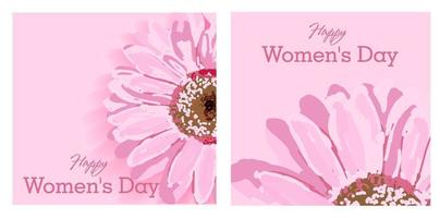 Set of greeting cards. Womens day text design with flowers and pink background. Vector illustration. Womens day greeting design. Template for poster, card, banner. March 8.