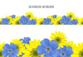 Seamless floral border with bright spring flowers. Vector horizontal drawing on a white background.