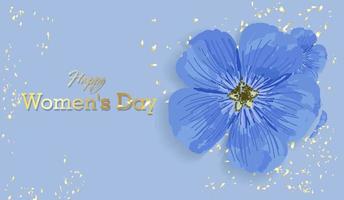 Women's Day. Spring holiday. Greeting card or horizontal banner in blue color. Delicate spring flower. Golden inscription and confetti. Happy Women's Day. vector