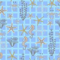 sin costura modelo en marina estilo. mar estrellas en un azul antecedentes. Oceano y submarino mundo. frio de moda verano modelo. vector