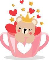 Cute teddy bear with crown on head inside love cup vector