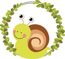 Funny snail in the frame of green leaves vector