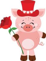 Valentine pig with red hat holding a red rose.cdr vector