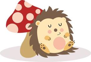 Cute hedgehog sleeping against the mushroom vector