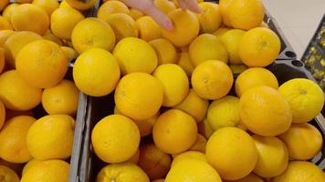 un mujer mano es seleccionando naranjas para rebaja en un almacenar. video