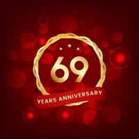 69 years anniversary. Anniversary template design with gold number and red ribbon, design for event, invitation card, greeting card, banner, poster, flyer, book cover and print. Vector Eps10