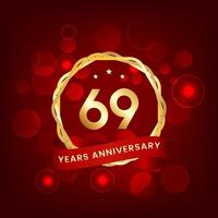 69 years anniversary. Anniversary template design with gold number and red ribbon, design for event, invitation card, greeting card, banner, poster, flyer, book cover and print. Vector Eps10