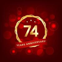74 years anniversary. Anniversary template design with gold number and red ribbon, design for event, invitation card, greeting card, banner, poster, flyer, book cover and print. Vector Eps10