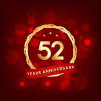 52 years anniversary. Anniversary template design with gold number and red ribbon, design for event, invitation card, greeting card, banner, poster, flyer, book cover and print. Vector Eps10
