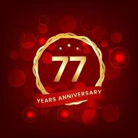 77 years anniversary. Anniversary template design with gold number and red ribbon, design for event, invitation card, greeting card, banner, poster, flyer, book cover and print. Vector Eps10