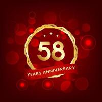 58 years anniversary. Anniversary template design with gold number and red ribbon, design for event, invitation card, greeting card, banner, poster, flyer, book cover and print. Vector Eps10