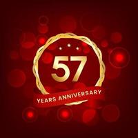 57 years anniversary. Anniversary template design with gold number and red ribbon, design for event, invitation card, greeting card, banner, poster, flyer, book cover and print. Vector Eps10