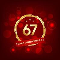 67 years anniversary. Anniversary template design with gold number and red ribbon, design for event, invitation card, greeting card, banner, poster, flyer, book cover and print. Vector Eps10