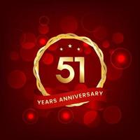 51 years anniversary. Anniversary template design with gold number and red ribbon, design for event, invitation card, greeting card, banner, poster, flyer, book cover and print. Vector Eps10