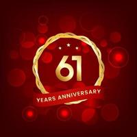 61 years anniversary. Anniversary template design with gold number and red ribbon, design for event, invitation card, greeting card, banner, poster, flyer, book cover and print. Vector Eps10