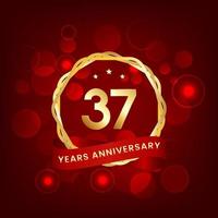 37 years anniversary. Anniversary template design with gold number and red ribbon, design for event, invitation card, greeting card, banner, poster, flyer, book cover and print. Vector Eps10