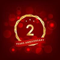 2 years anniversary. Anniversary template design with gold number and red ribbon, design for event, invitation card, greeting card, banner, poster, flyer, book cover and print. Vector Eps10