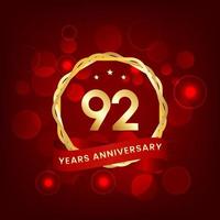 92 years anniversary. Anniversary template design with gold number and red ribbon, design for event, invitation card, greeting card, banner, poster, flyer, book cover and print. Vector Eps10