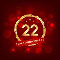 22 years anniversary. Anniversary template design with gold number and red ribbon, design for event, invitation card, greeting card, banner, poster, flyer, book cover and print. Vector Eps10