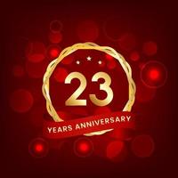 23 years anniversary. Anniversary template design with gold number and red ribbon, design for event, invitation card, greeting card, banner, poster, flyer, book cover and print. Vector Eps10